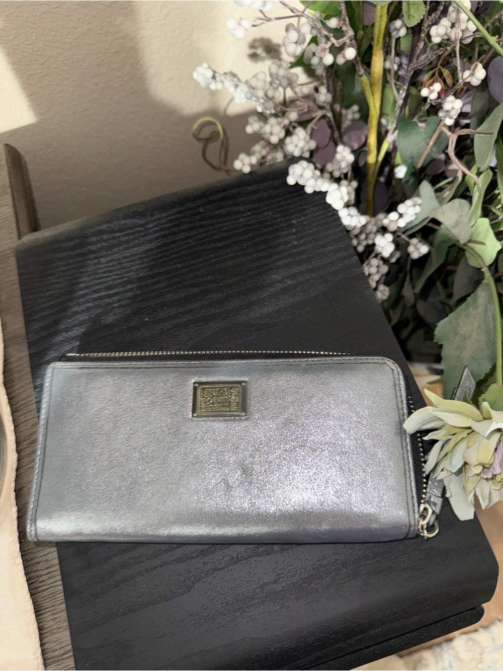 Metallic Silver Zip Around Wallet with Coach Logo Plaque